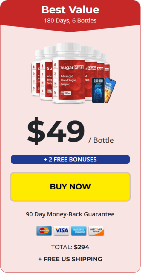 SugarMute Best Value package – 6 bottles, 180 days, $49 per bottle, total $294 with 2 free bonuses and free US shipping